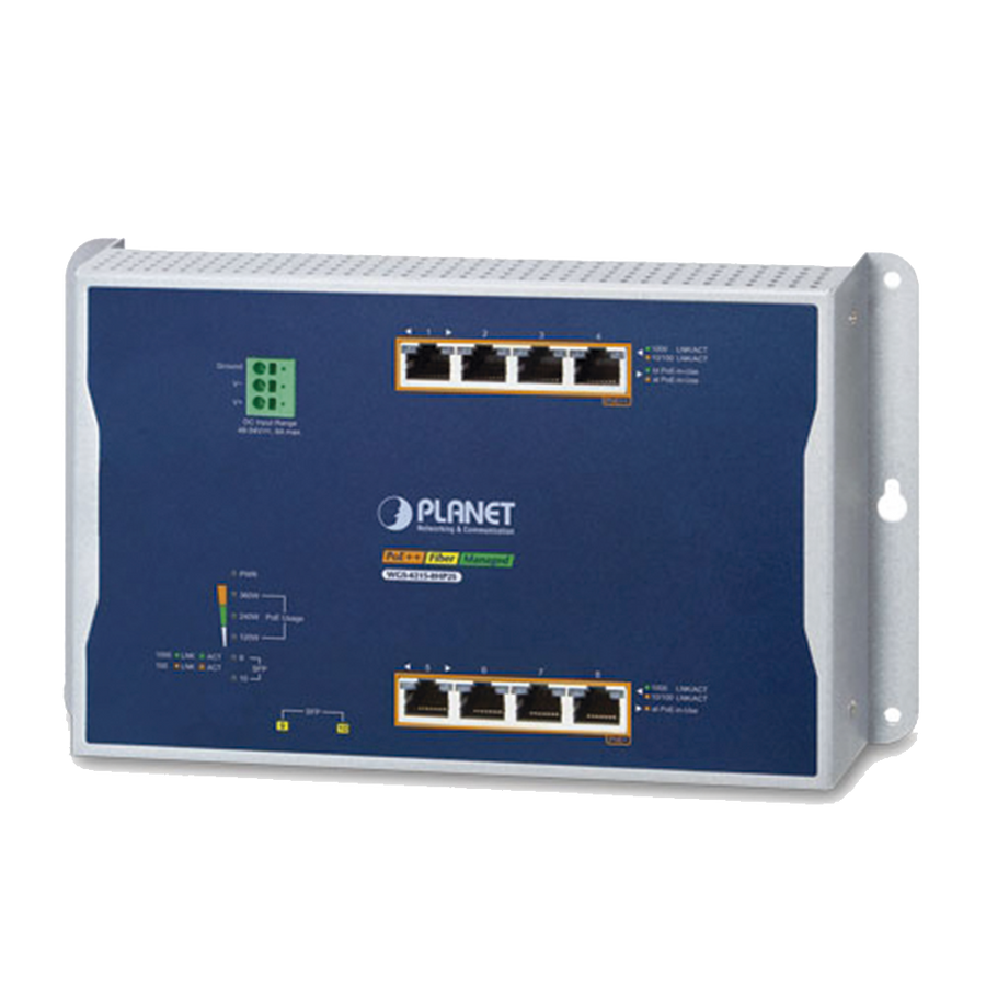 Planet WGS-4215-8HP2S Industrial 4-Port 10/100/1000T 802.3bt PoE + 4-Port 10/100/1000T 802.3at PoE + 2-Port 100/1000X SFP Wall-mount Managed Switch (-40~75 degrees C)