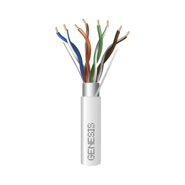 Genesis 5388-1001 White 1000FT Plenum Cat5e FTP Cable Reel (24 AWG Solid Copper, CMP Rated, FT6 Flame Test) - Shielded Foil Network & PoE Ethernet, UL Listed & Verified