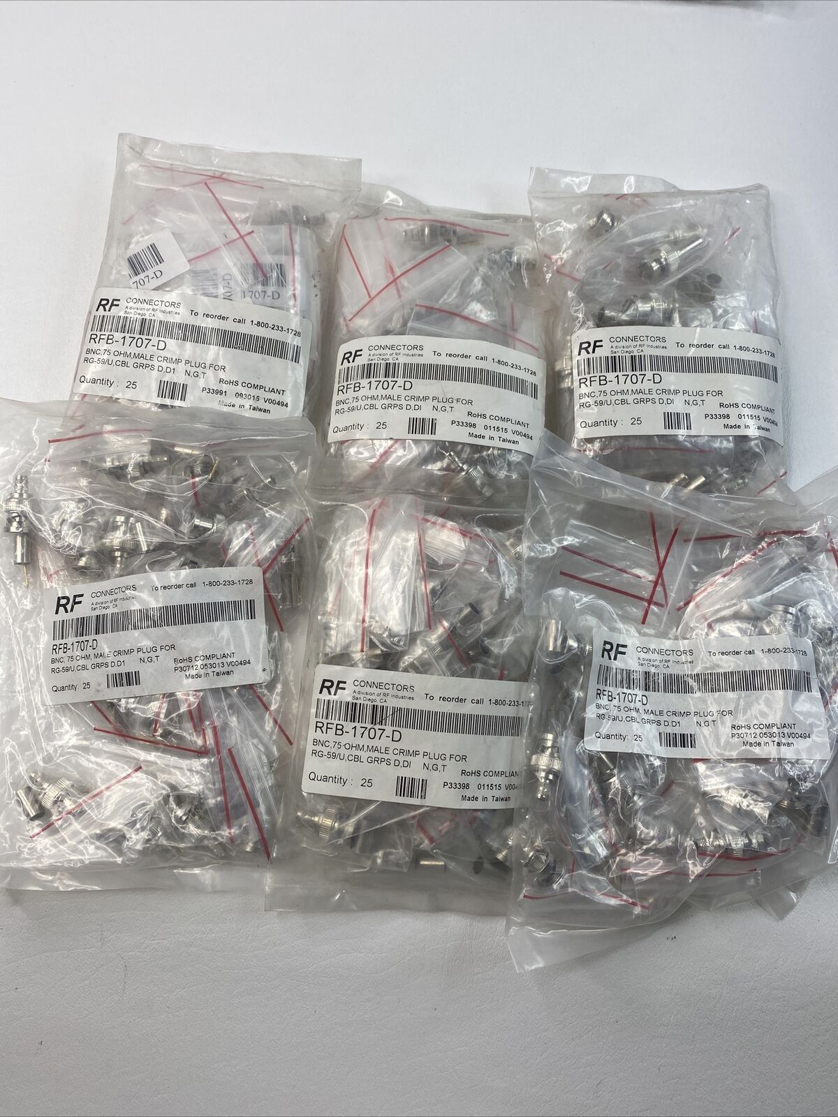 5PK RF Industries RFB-1707-D 75 Ohm BNC Male Connector to Crimp on RG-59/U Cable