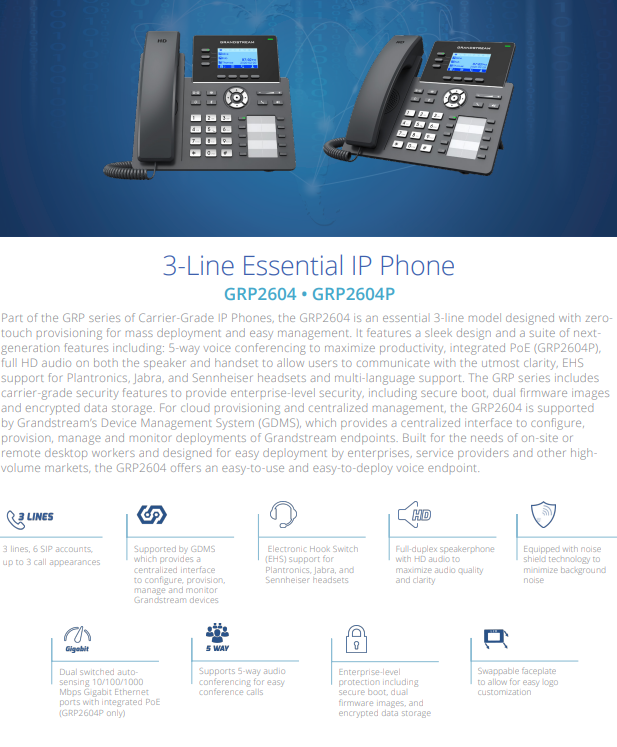 Grandstream GRP2604 3-line IP Telephone / 6 SIP Accounts 10 BLF Keys Codec OPUS
