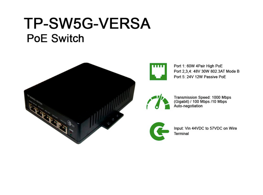 Tycon Power TP-SW5G-VERSA PoE Switch 44-57VIn 5 Port MultiOut GigE PoE