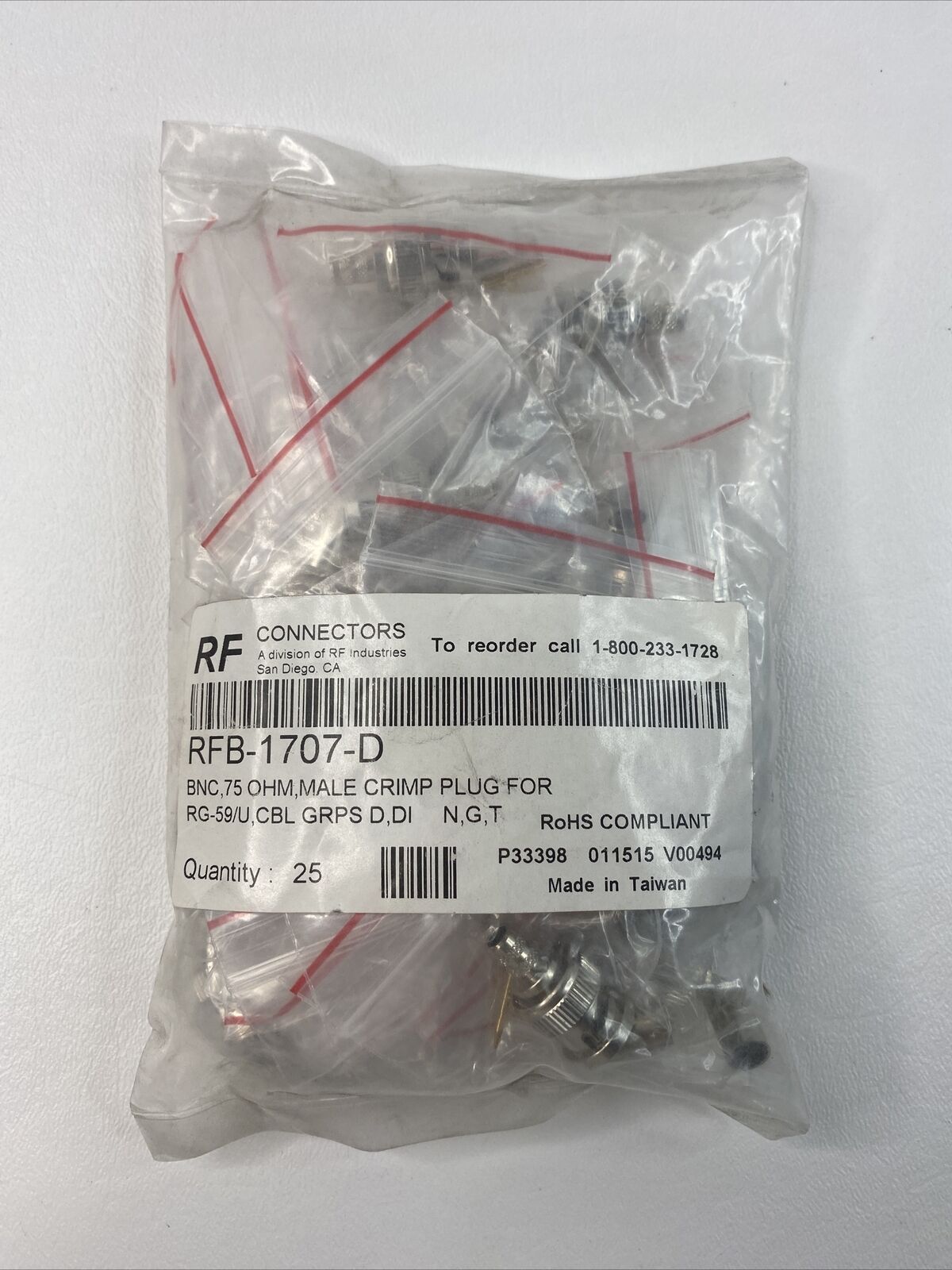 5PK RF Industries RFB-1707-D 75 Ohm BNC Male Connector to Crimp on RG-59/U Cable