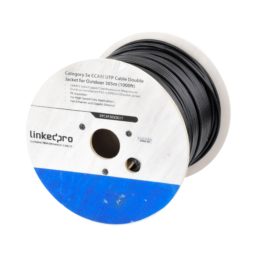 Linkedpro EP-CAT-5E-V2-EXT Cat5e Outdoor Cable 1000ft (305m) - Double Jacket Waterproof Ethernet Reel - Black (CCA)