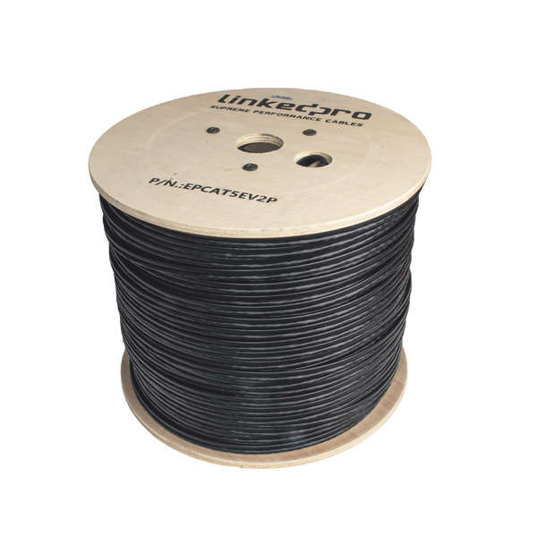 Linkedpro EP-CAT-5E-V2P 1000ft (305m) Cat5e + 16/2 Power Outdoor Combo Cable - CCA Bulk Ethernet with 16 AWG Power Pair for Long Range PoE & IP Cameras - UV Rated LDPE, Black