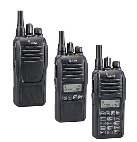 Three Icom walkie-talkies on a white background