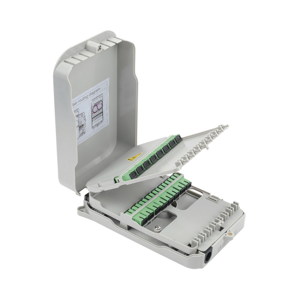 Fiberhome FTB-523-SCA Fiber Optic Termination Box for Indoor Installation, Wall Mounting, 16 Couplers SC/APC Mono-mode, up to 16 Splices