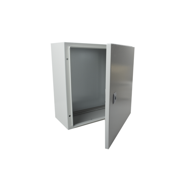 Precision PST-4040-20A Single Door Wall Mount Enclosure (15.75 x 15.75 x 7.87 in) and Metal Backplate for equipment assembly.