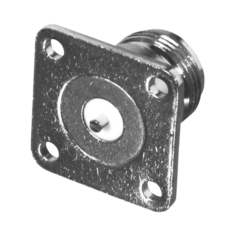 RF Industries RFN-1021-14 N Female Connector, 4-Hole Panel Mounting, 18 mm, Slotted Contact, Nickel/ Gold/ PTFE.