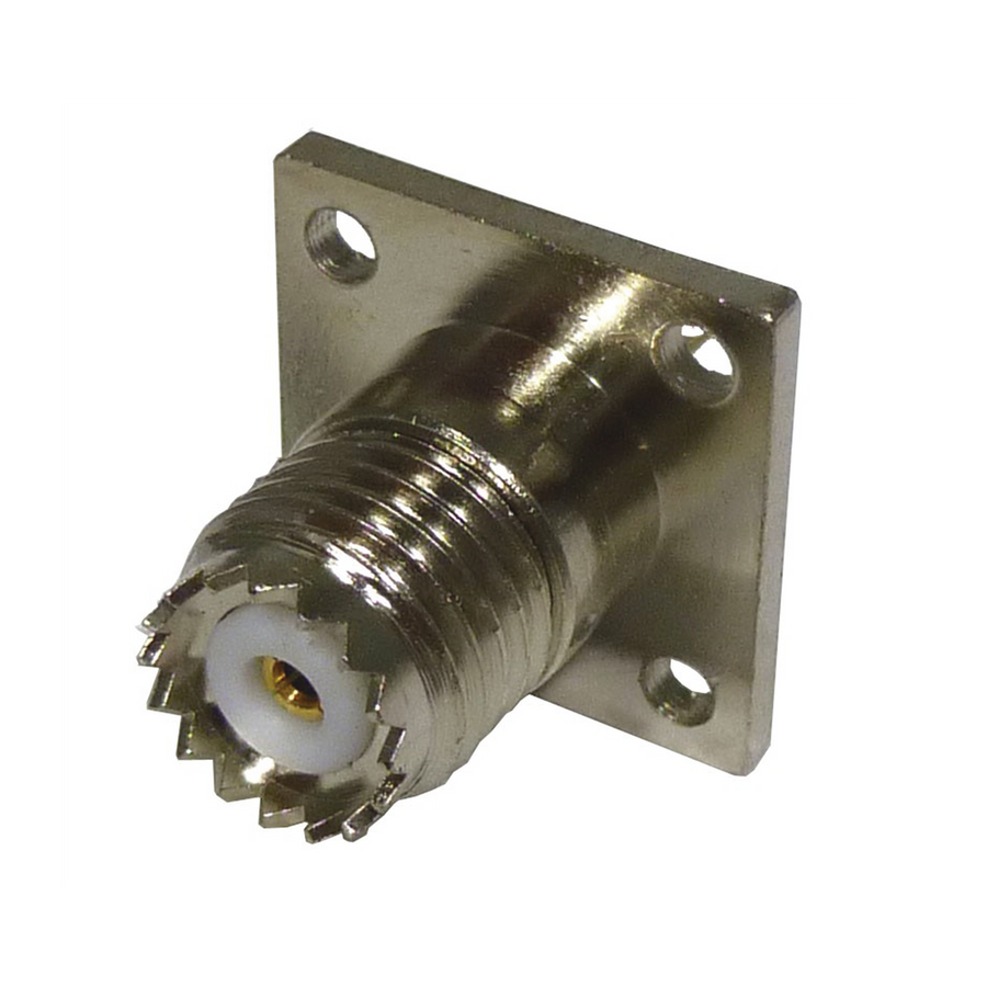RF Industries RFU-603 Panel Mount Mini UHF Female Connector, 4 Hole Flange at 13 mm, Nickel/ Gold/ PTFE.