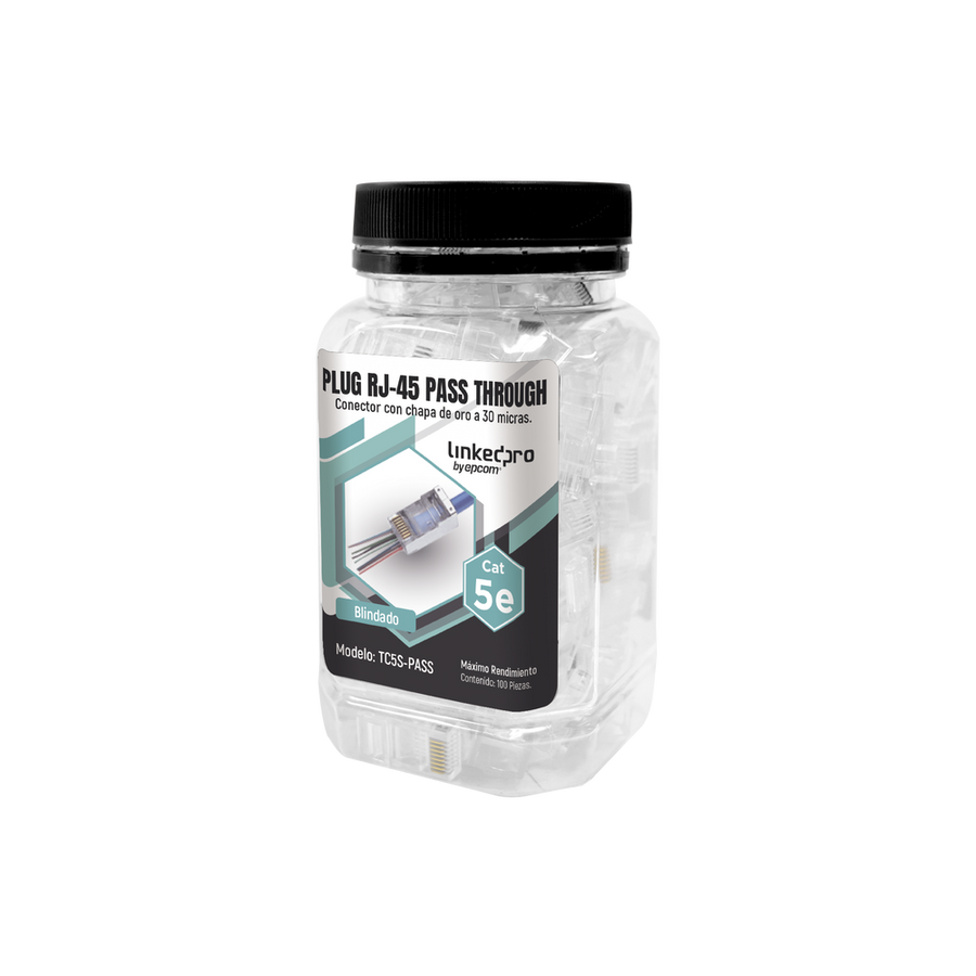 Linkedpro TC5S-PASS 100 pieces bottle with modular Plugs Pass through RJ45 Cat5e shielded, 30 micron gold plated for extreme durability