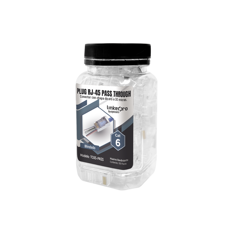 Linkedpro TC6S-PASS 100 Plugs bottle Pass through RJ45 Cat6 shielded 30 microns gold plated for extreme durability