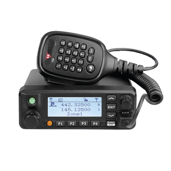 Txpro TXM9600 Dual Band Mobile Radio 136-174 MHz for VHF and 400-480 MHz for UHF, includes DTMF microphone and installation accessories.