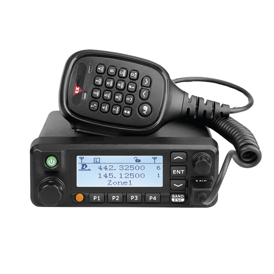 Txpro TXM9600 Dual Band Mobile Radio 136-174 MHz for VHF and 400-480 MHz for UHF, includes DTMF microphone and installation accessories.