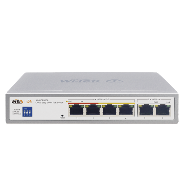 Wi-Tek WI-PCES206 Cloud Easy Smart 250m PoE Switch, 4 FE PoE Ports + 2 FE Ports, Port1-2: Hi-PoE, Port3-4: 802.3af/at, 60W, Support Wi-Tek Cloud Management and Mobile APP Remote Maintenance