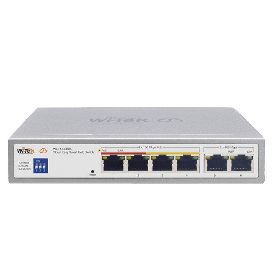 Wi-Tek WI-PCES206 Cloud Easy Smart 250m PoE Switch, 4 FE PoE Ports + 2 FE Ports, Port1-2: Hi-PoE, Port3-4: 802.3af/at, 60W, Support Wi-Tek Cloud Management and Mobile APP Remote Maintenance