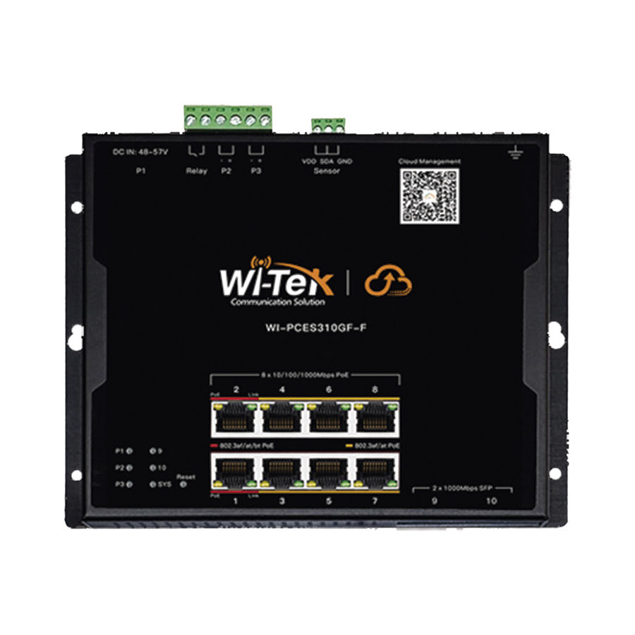 Wi-Tek WI-PCES310GF-F Flat Design Cloud Easy Smart PoE Switch, 8 GE PoE Ports and 2 SFP Ports, Ports 1-2: 802.3 af/at/bt PoE, Ports 3-8: af/at PoE, Compatible with Wall Mounting, Magnetic Mounting, or DIN-Rail Mounting, Manageable via Wi-Tek Cloud and