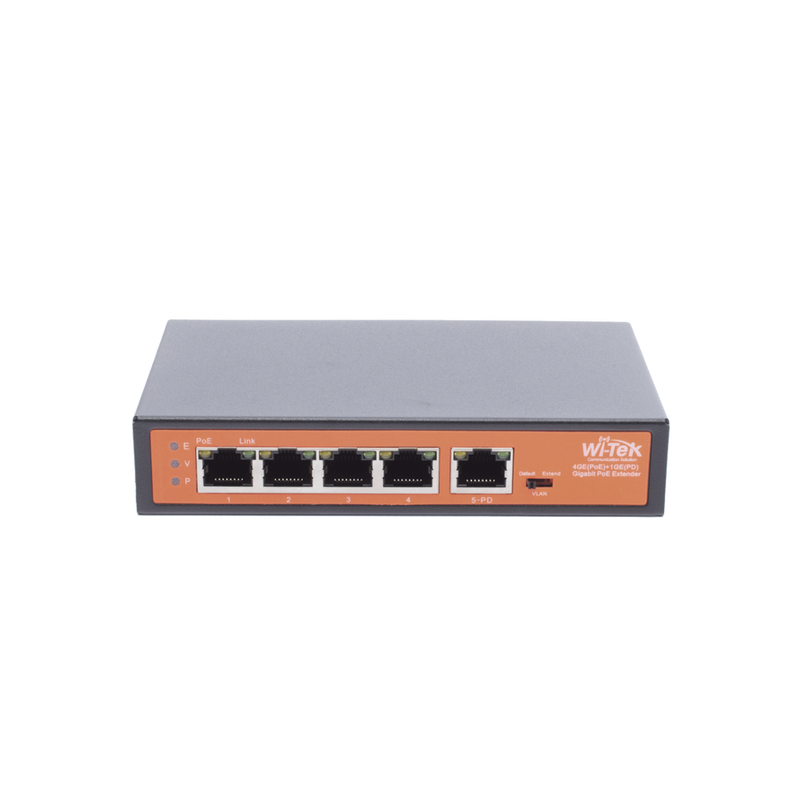 Wi-Tek WIPE51G Gigabit PoE Extender with 1x PoE Input PoE 802.3af/at/bt, 4x PoE Output, 802.3af/at, 250m Long-Range, Plug & Play