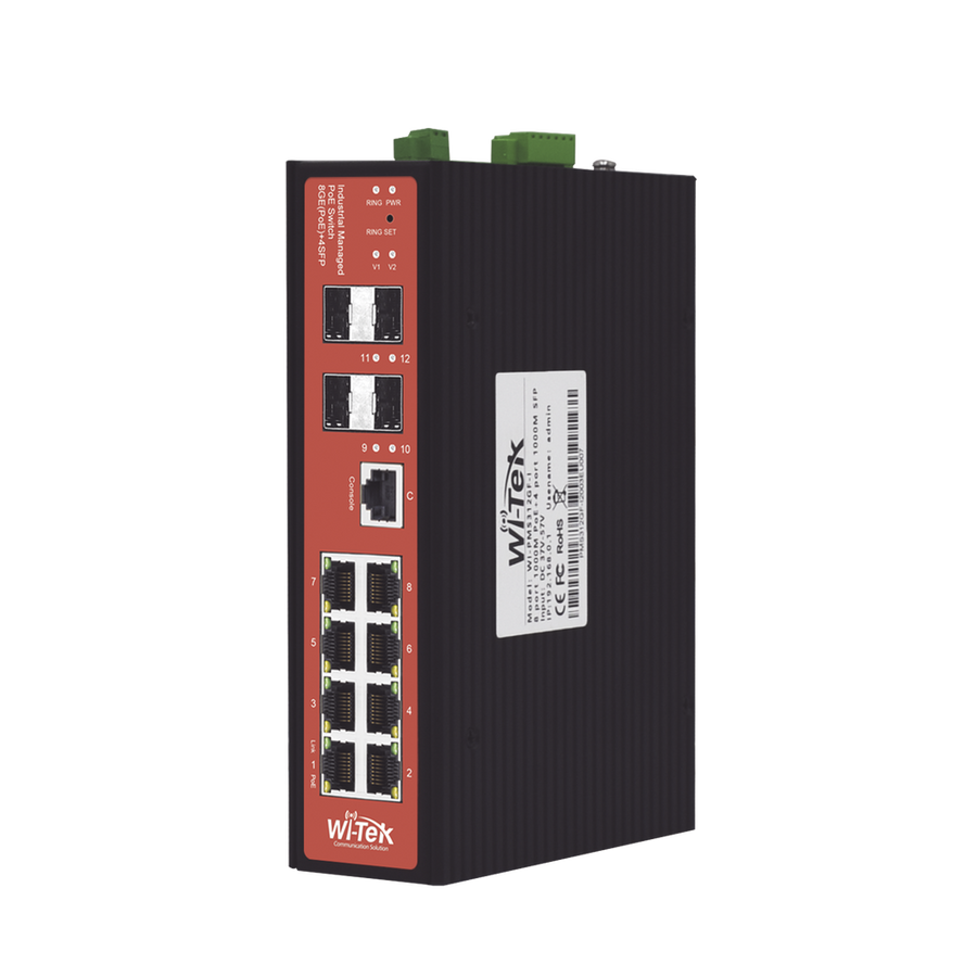 Wi-Tek WIPMS312GFIV2 Managed Industrial PoE Switch, Ports 1-2 : 24V Passive/48V 802.3 af/at PoE 30W, Ports 3-4: 802.3 af/at/bt PoE 60W, Ports 5-8: 802.3 af/at PoE 30W