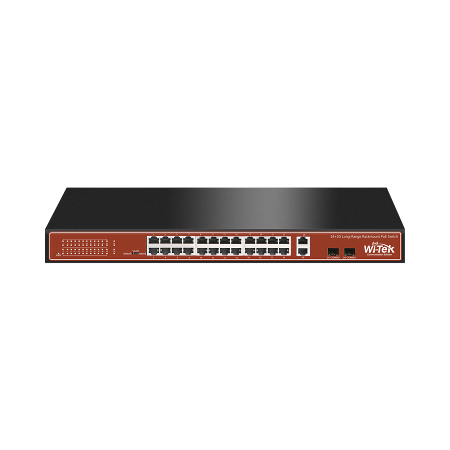 Wi-Tek WI-PS526G 24-Port PoE CCTV Switch with Hi-PoE - 60W Ports, 2x SFP Combo, 250m Long-Range, Plug & Play