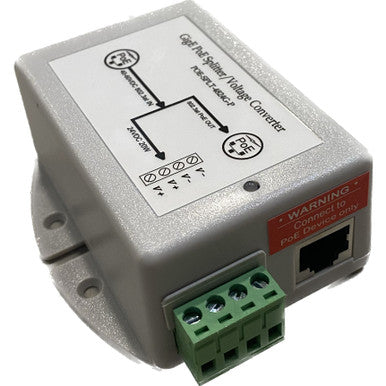 Tycon PoE Splitter. GigE. 48VDC 802.3at PoE Input. 48V 802.3at Passthru PoE out and 12VDC 20W wire terminal output. Max 50W total