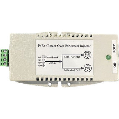 Tycon 18-36VDC IN. Two 802.3af/at output ports with Gigabit data passthru. Powers two PoE devices from a single 24VDC voltage source.