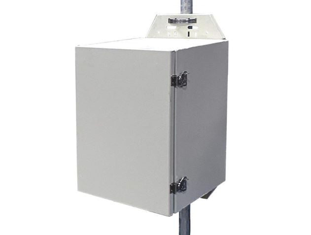 Tycon 21x14x15 inch Al Locking Outdoor Enclosure with 45degC thermostatic ventilation. DIN rails. battery shelf. Pole/wall mount
