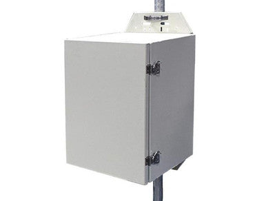 Tycon 21x14x15 inch Al Locking Outdoor Enclosure with 45degC thermostatic ventilation. DIN rails. battery shelf. Pole/wall mount
