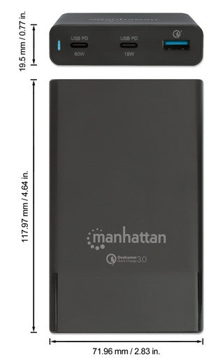 Intellinet Manhattan One USB-C Power Delivery Port up to 60 W, One USB-C Power Delivery Port up to 18 W, One Quick Charge Power Port up to 18 W, Black