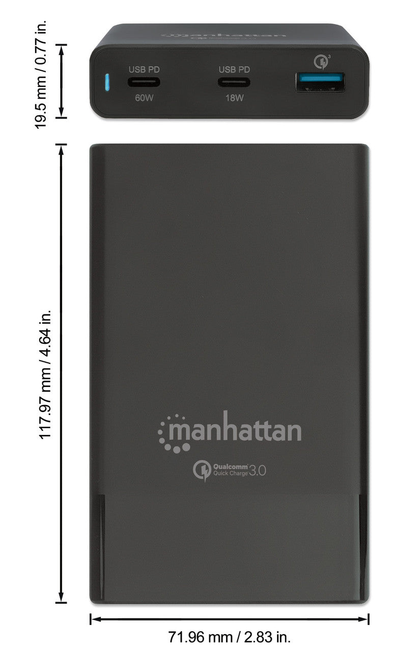 Intellinet Manhattan One USB-C Power Delivery Port up to 60 W, One USB-C Power Delivery Port up to 18 W, One Quick Charge Power Port up to 18 W, Black
