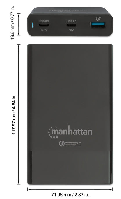 Intellinet Manhattan One USB-C Power Delivery Port up to 60 W, One USB-C Power Delivery Port up to 18 W, One Quick Charge Power Port up to 18 W, Black