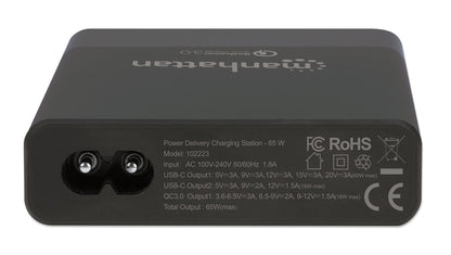 Intellinet Manhattan One USB-C Power Delivery Port up to 60 W, One USB-C Power Delivery Port up to 18 W, One Quick Charge Power Port up to 18 W, Black