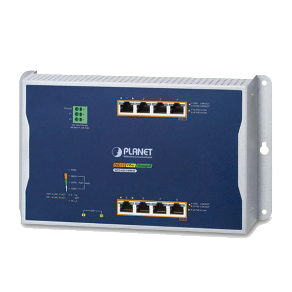 Planet WGS-4215-8HP2S Industrial 4-Port 10/100/1000T 802.3bt PoE + 4-Port 10/100/1000T 802.3at PoE + 2-Port 100/1000X SFP Wall-mount Managed Switch (-40~75 degrees C)