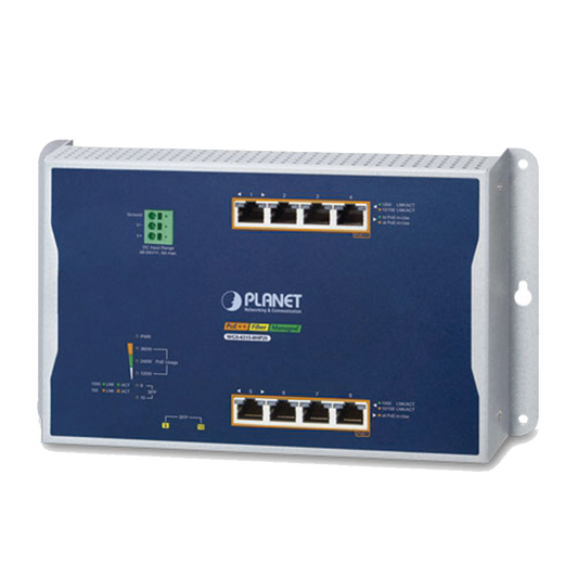 Planet WGS-4215-8HP2S Industrial 4-Port 10/100/1000T 802.3bt PoE + 4-Port 10/100/1000T 802.3at PoE + 2-Port 100/1000X SFP Wall-mount Managed Switch (-40~75 degrees C)