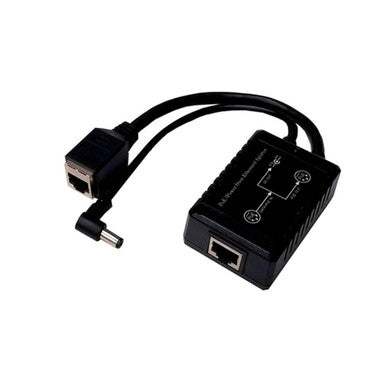 Tycon PoE Splitter. 48VDC 802.3af PoE input and passthru RJ45 Socket output. 24VDC 15W output on 5.5x2.1mm DC connector.