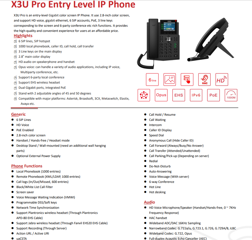 Fanvil X3U Pro Entry Level IP Phone 6 SIP Lines Hotspot HD audio PoE