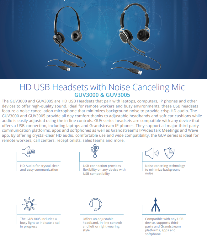 Grandstream Dual Headsets with Noise GUV3000 HD Audio USB Corded Noise Canceling