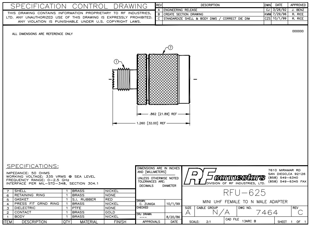 RF Industries RFU-625 Straight Adaptor from Mini UHF Female to N Male Connector