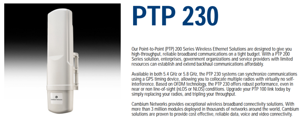 Cambium PTP 230 5781BH20 5.7 GHZ Backhaul Integrated with AES 20Mbps