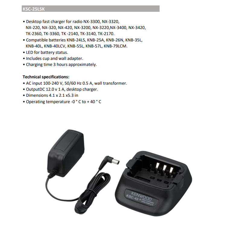 OEM Fast Charger KSC-25LS-K Kenwood AC Adapter Batteries KNB55L,KNB57L, KNB40L