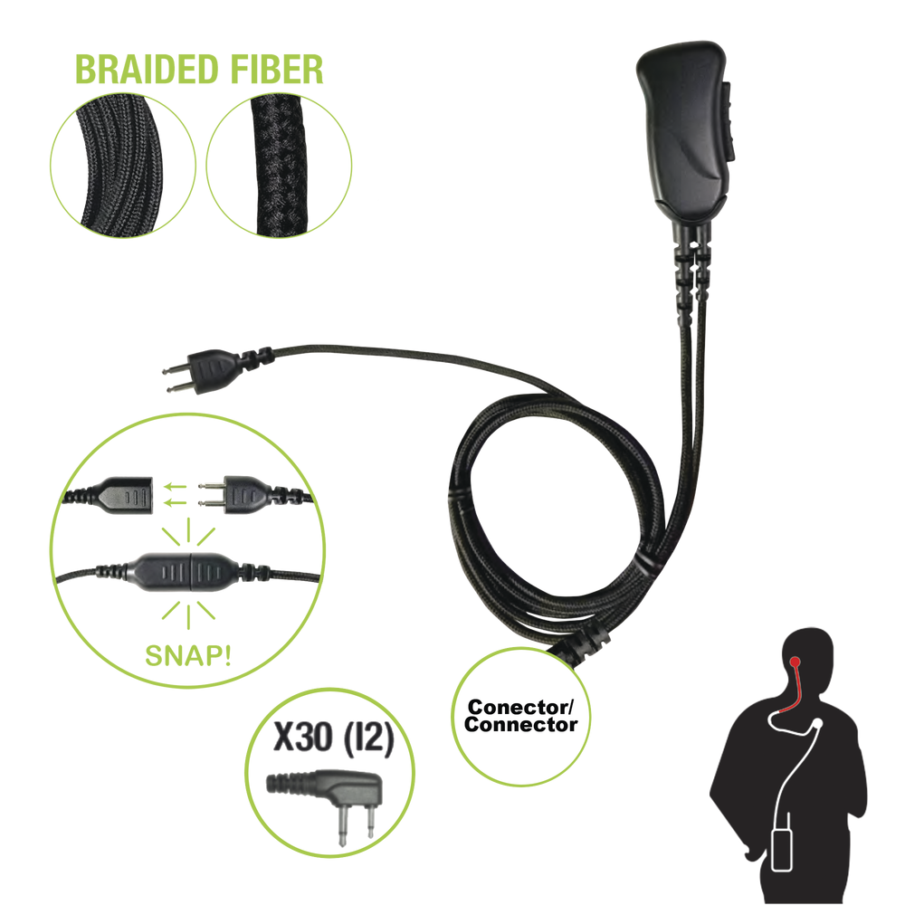 Pryme SNP-1W-30-BF Braided Fiber 1 Cable Lapel Mic W/Snap Connect for ICOM 2 PIN