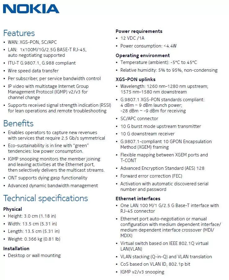 Nokia 3FE49533AA XS-010G-Q XGS PON ONT 1x 100M/1G/2.5G