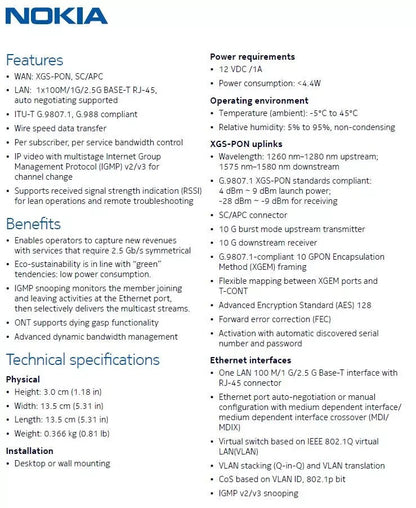 Nokia 3FE49533AA XS-010G-Q XGS PON ONT 1x 100M/1G/2.5G
