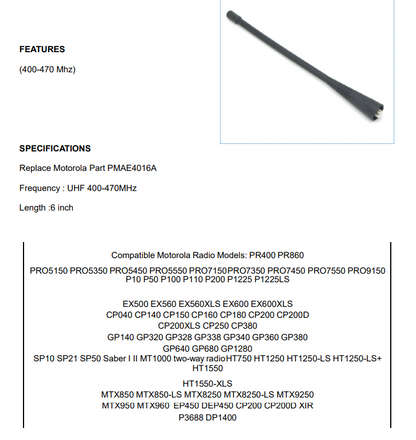 Replacement UHF Antenna 400-470 MHz for Motorola PRO5150 EP450 DEP450 CP200D