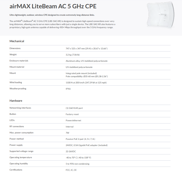 Ubiquiti LBE-5AC-XR LiteBeam AC XR airMax 5GHz CPE Radio 29 dBi High-Gain Antena