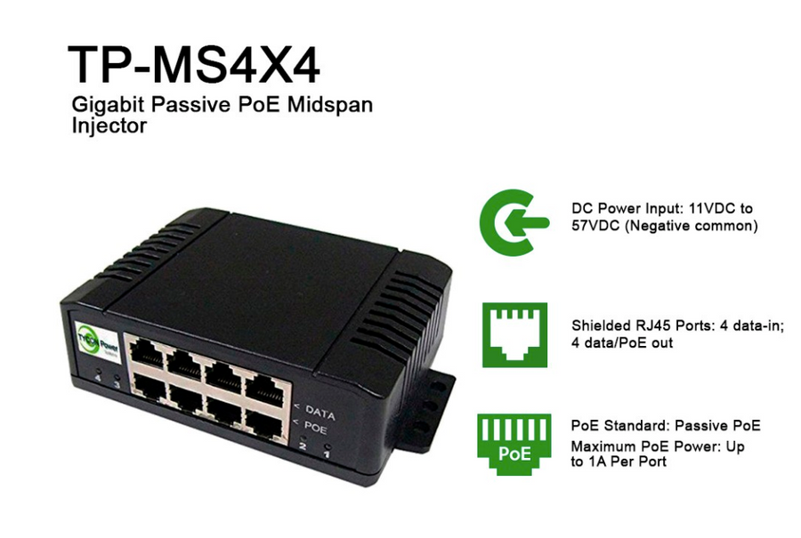 Tycon Power TP-MS4X4 - 4 port PoE Gigabit Passive Midspan MultiVoltâ„¢ Injector