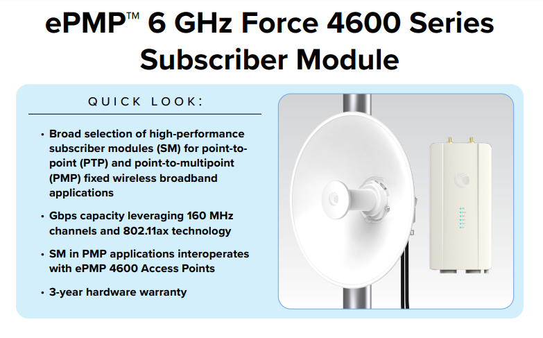 Cambium C060940C121A Force 4600C 6GHz Connectorized SM 4x4 MU-MIMO 802.11ax RoW