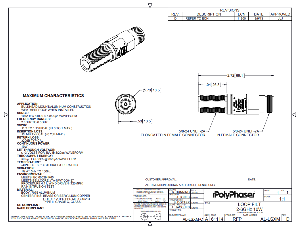 Polyphaser AL-LSXM RF Coaxial High Pass Filter Protector 2.0 to 6.0Ghz N-Female