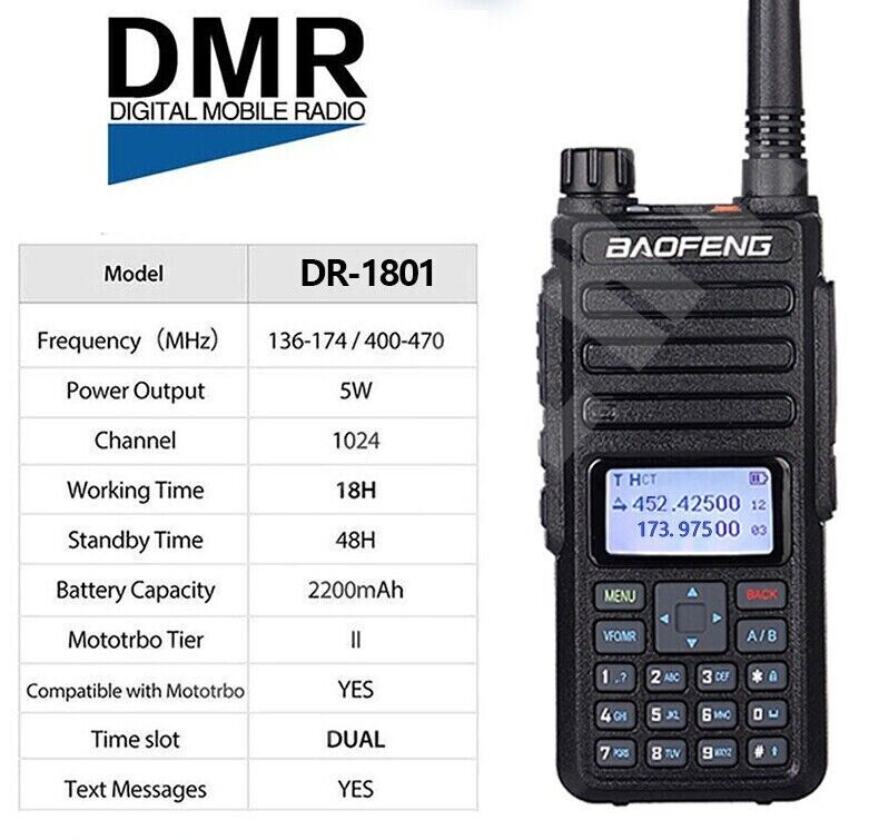 Baofeng DR-1801UV DMR Digital Radio Dual Band Tier 1+2 Walkie Talkie UHF VHF