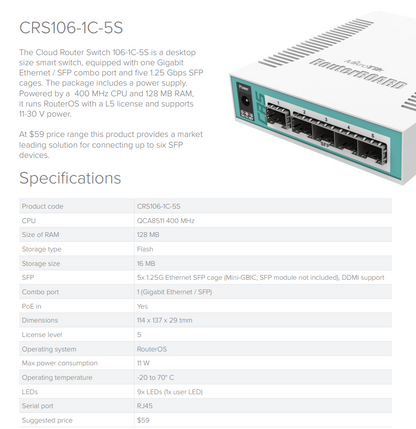 Mikrotik CRS106-1C-5S Cloud Router Switch 5x 1.25Gbps SFP cages RouterOS
