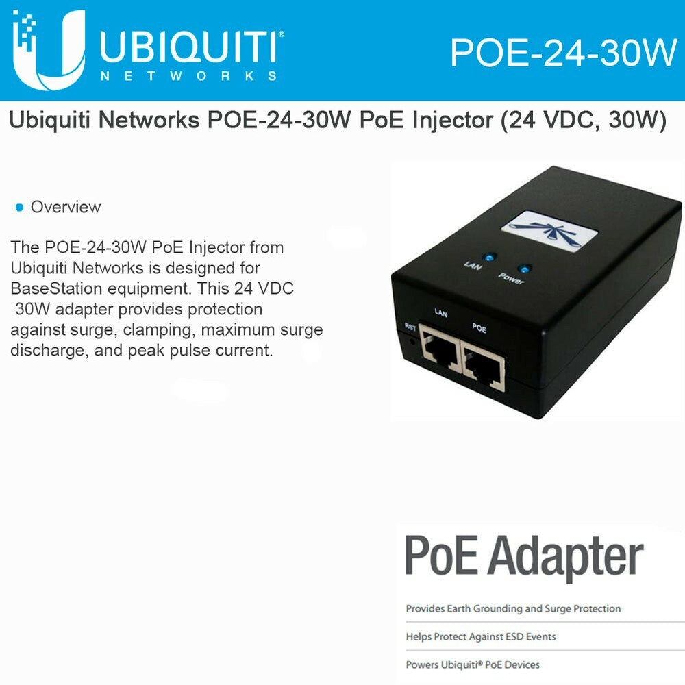 Ubiquiti POE-24-30W PoE Injector (24 VDC, 30W) airFiber airMAX EdgeMAX mFi UniFi